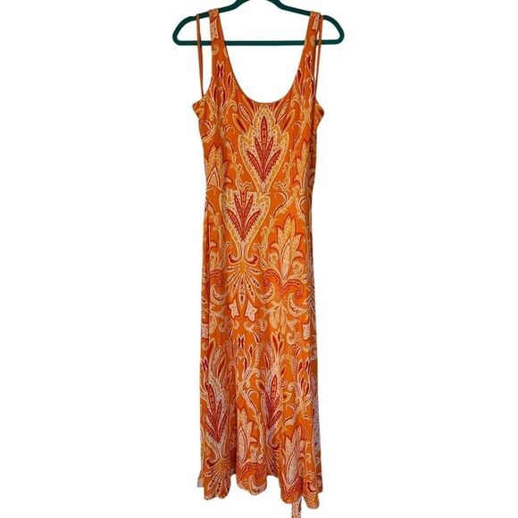 Loft Paisley Tie Waist Midi Dress Sleeveless Calypso Orange, Spring Beachy | L - Picture 3 of 14
